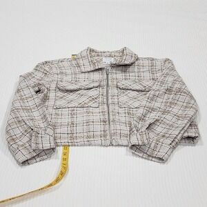 Time and Tru Womens Plaid Utility Jacket Cropped Zip Up Tweed Neutral Autumn M